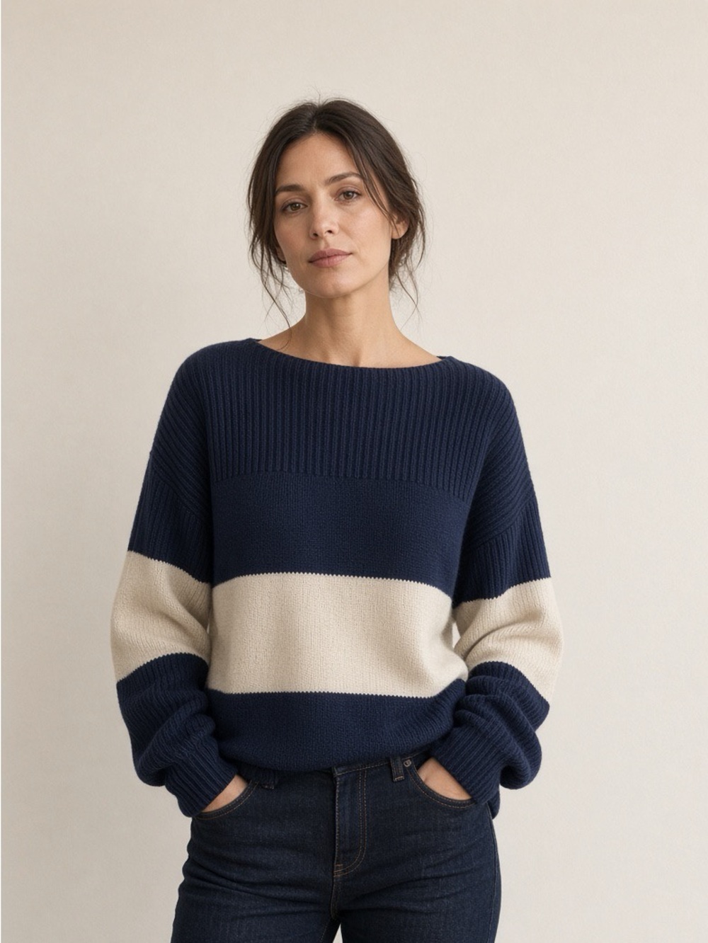 Liz Claiborne Navy and Cream Wide-Stripe Boatneck Sweater size XL